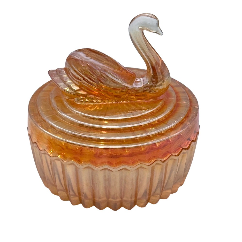 Swan Lid Carnival Glass Trinket Dish Marigold Iridescent Ribbed Vintage 4.5in